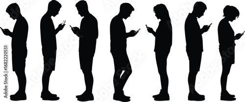 Silhouette group of people standing and using mobile phones, modern technology addiction concept, digital lifestyle, smartphone users, communication, social media