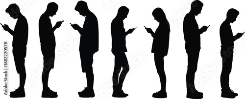 Silhouette group of young people using smartphone, men and women standing, mobile phone addiction, modern technology lifestyle, internet communication, isolation
