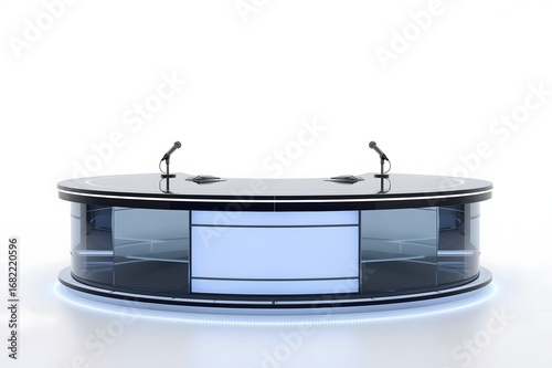 Studio newsdesk, microphones, white background, broadcast