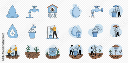 Water conservation icons: people collecting, using, and conserving water resources.