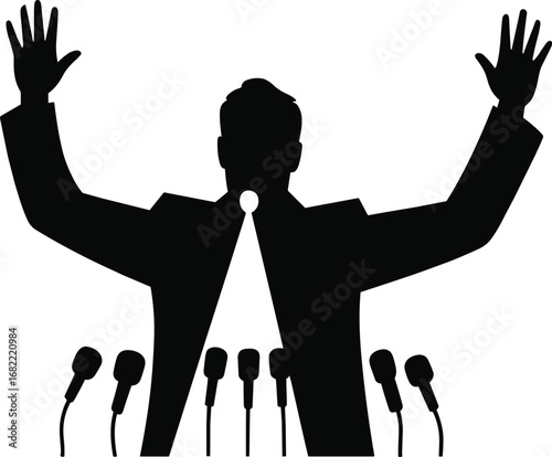 Silhouette of politician giving speech at podium with microphones, public speaking leader addressing audience, political rally communication and leadership concept
