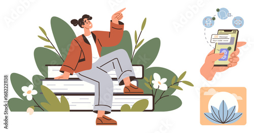 Woman sits on stacked books surrounded by leaves and flowers, pointing forward. Nearby are a phone with money transfer options and a simplistic wellness icon. Ideal for growth, learning, digital