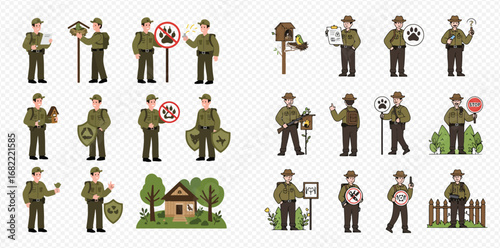 Park rangers illustrated in various poses, showcasing their duties and responsibilities within a natural environment.