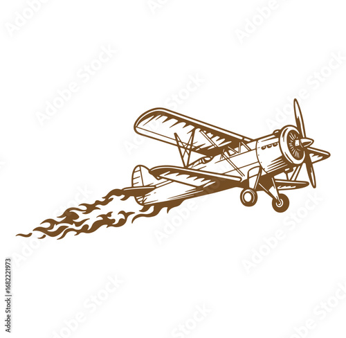 Detailed illustration of a classic biplane with flames and engine propeller on a white background