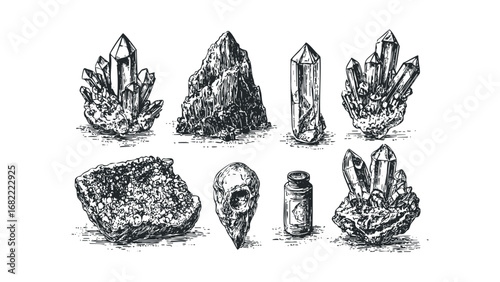 Collection of hand-drawn crystals and occult objects on transparent background. Vector hand drawn illustration
