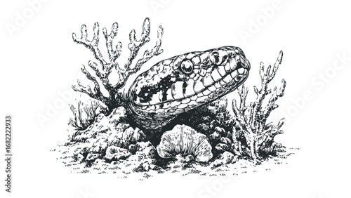 Detailed sketch of a serpent head emerging from coral reef formations. Vector hand drawn illustration
