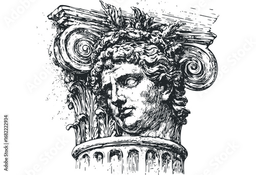 Sketch of Greek Ionic Column Capital with Male Head and Laurel Wreath. Vector hand drawn illustration