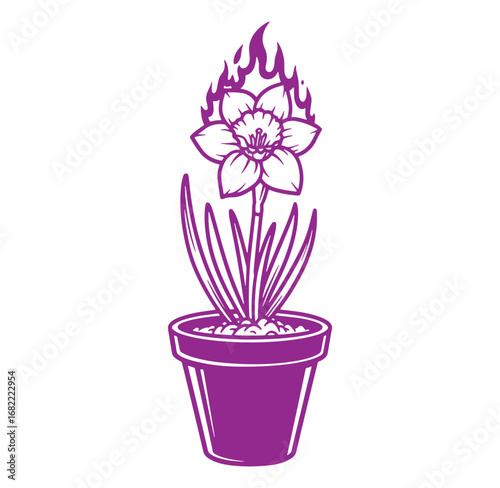 Elegant purple vector illustration of a daffodil planted in a decorative flower pot