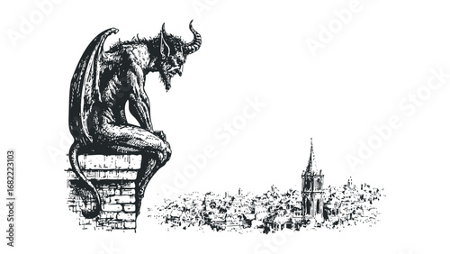Gargoyle perched on stone structure overlooking cityscape and church tower. Vector hand drawn illustration