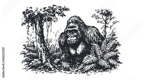 Pensive Gorilla Amidst Lush Foliage in Black and White. Vector hand drawn illustration