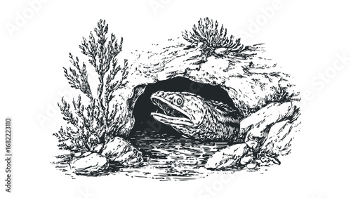 Piscivorous creature lurking in rocky crevice with foliage. Vector hand drawn illustration