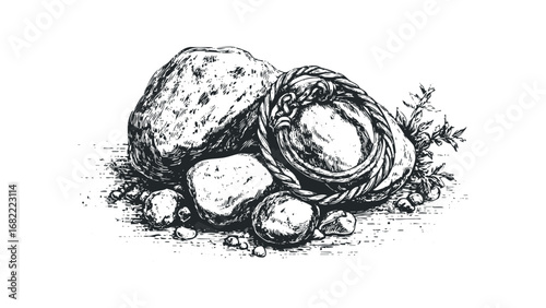 Etching style depiction of a twisted rope and rough stones with leaves. Vector hand drawn illustration