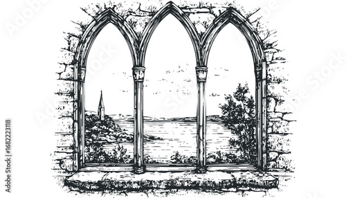 Gothic Arch Window View to Serene Water Landscape with Distant Spired Building. Vector hand drawn illustration