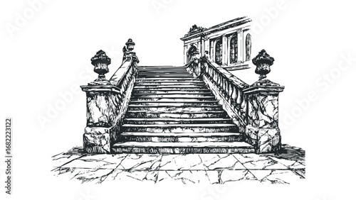 Sketch of grand stone staircase with ornate balustrade and urns leading to building. Vector hand drawn illustration