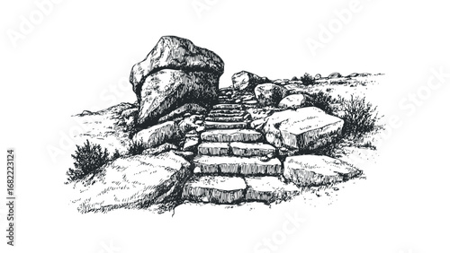 Hand-drawn sketch of rugged stone steps leading upwards through rocky terrain with sparse vegetation. Vector hand drawn illustration