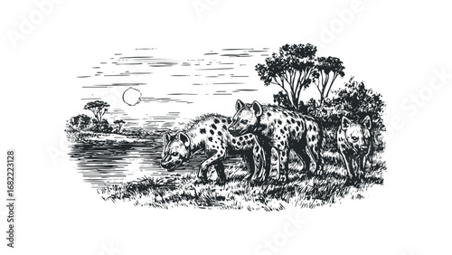 Group of spotted hyenas at a watering hole with trees and savanna landscape. Vector hand drawn illustration