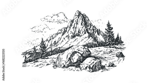 Ink sketch of a rugged mountain range with pine trees and rocks on a transparent background. Vector hand drawn illustration