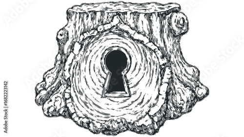 Wood stump with keyhole carved in the center, in linocut style. Vector hand drawn illustration
