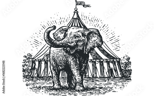 Vintage circus elephant approaches a striped tent with a flag. Vector hand drawn illustration