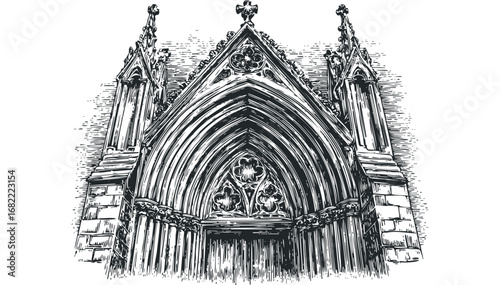 Intricate Medieval Archway Entrance with Gothic Spires and Stone Masonry Detail. Vector hand drawn illustration