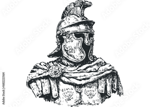 Hand drawn sketch of a Roman soldier bust wearing ornate helmet and armor. Vector hand drawn illustration