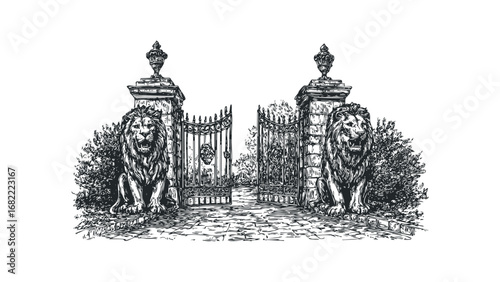 Ornate Wrought Iron Gate Flanked by Stone Lion Statues and Lush Foliage. Vector hand drawn illustration