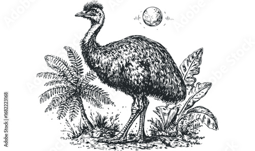 Detailed ink sketch of an emu bird standing among tropical foliage with a sketched sun overhead. Vector hand drawn illustration