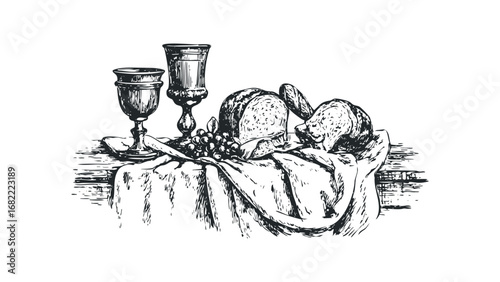 Sketch of two goblets and bread on a draped table. Vector hand drawn illustration