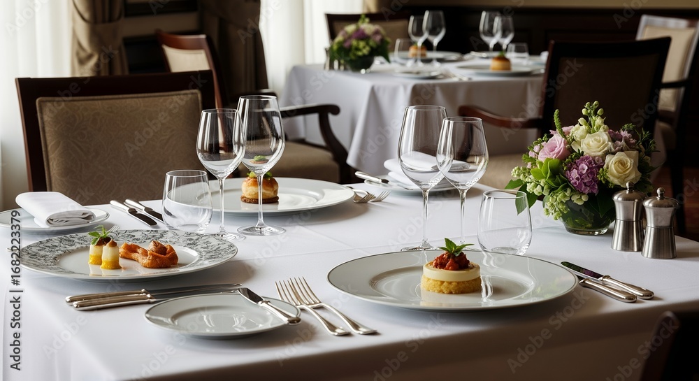Fototapeta premium Elegant Fine Dining Restaurant Table Setting with Dessert, Cutlery and Flowers