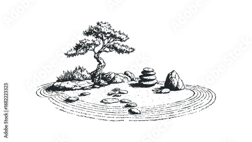 Zen Garden Sketch with Raked Sand and Stacked Stones. Vector hand drawn illustration