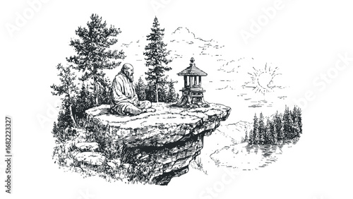 Elderly man meditating on cliff next to stone lantern and pine trees by water. Vector hand drawn illustration