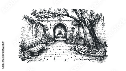 Paved Garden Courtyard with Bench and Archway. Vector hand drawn illustration
