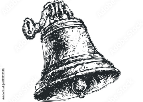 Hand Holding Large Bell with Exclamation Mark Clapper Sketch. Vector hand drawn illustration