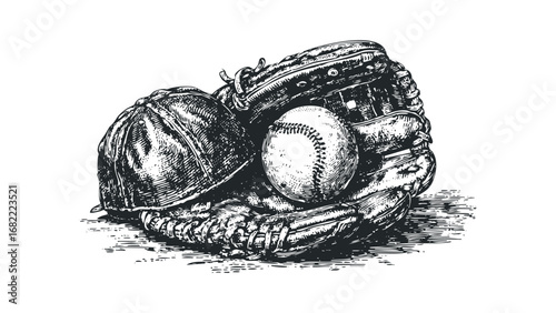 Vintage Baseball Glove with Ball and Cap Engraved Style. Vector hand drawn illustration