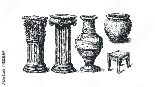 Classical architectural elements and ancient pottery collection. Vector hand drawn illustration