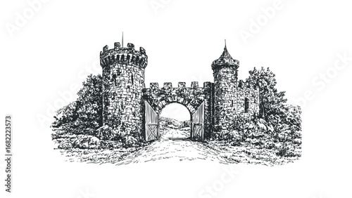 Entrance to ancient stone fortress with open gate and flanking towers. Vector hand drawn illustration