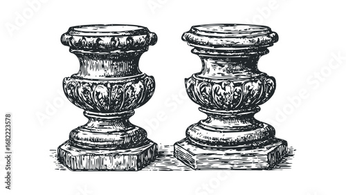 Antique urns ornate decorative statues carved stone pedestals. Vector hand drawn illustration