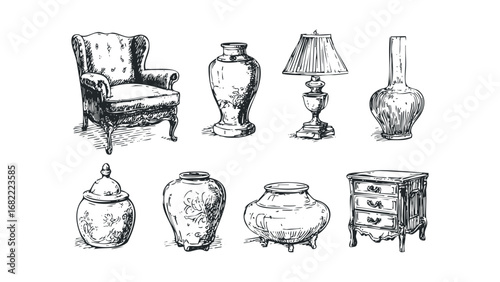Antique Furniture and Decorative Vases Sketch Collection. Vector hand drawn illustration