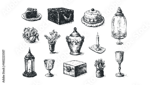 Antique still life collection of objects in black and white drawing style. Vector hand drawn illustration