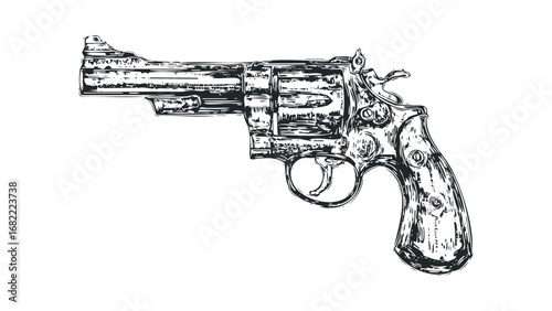 Engraved Handgun with Detailed Grips on Transparent Background. Vector hand drawn illustration