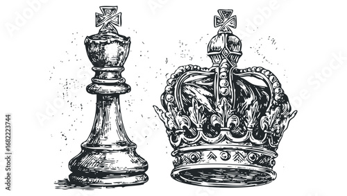 King chess piece and ornate crown drawn in sketch style on transparent background. Vector hand drawn illustration