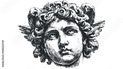 Pencil sketch of mythological winged youth face, isolated on white. Vector hand drawn illustration