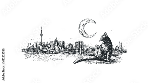 Feline silhouette gazes at cityscape under crescent moon. Vector hand drawn illustration