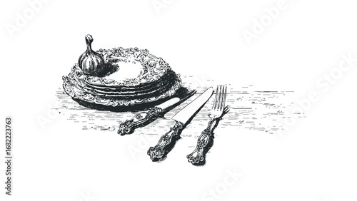 Ornate antique cutlery and stacked plates with garlic head. Vector hand drawn illustration