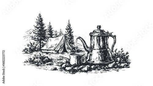 Camping scene with a coffee pot and tent amidst trees and mountains. Vector hand drawn illustration