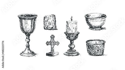 Vintage religious and decorative items including chalice, crucifix, candleholder, and bowls. Vector hand drawn illustration