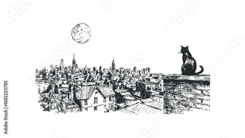 Black cat sits on brick ledge overlooking city skyline under a large moon. Vector hand drawn illustration