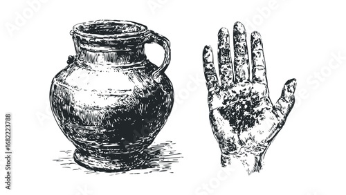 Sketch of ancient pottery vessel next to a textured human hand. Vector hand drawn illustration