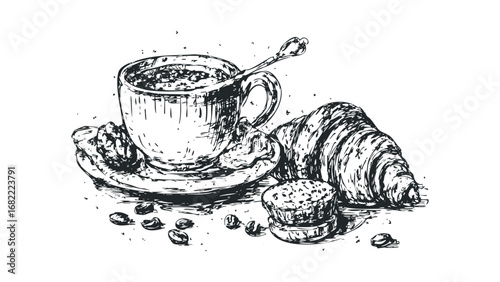 Black and white sketch of coffee cup, croissant, and pastry with coffee beans. Vector hand drawn illustration