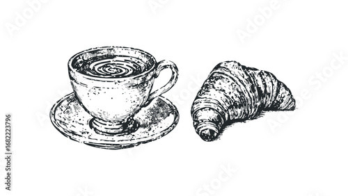 Hand Drawn Coffee Cup and Croissant on White. Vector hand drawn illustration